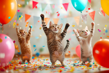 Happy cats on a festive background with balloons and confetti.