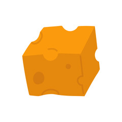 A square piece of flat yellow cheese with holes stands sideways. Vector illustration of a porous cube of a dairy product in a flat style. An isolated product on a white background. Flat style
