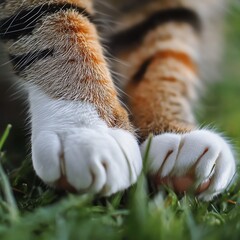 Obraz premium Close-up of a cat's paws resting on lush green grass, showcasing the unique patterns and textures of feline fur.