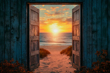 Open door with access to the sandy beach with a setting sun . Travel concept.