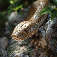 Obraz premium Close-up of a beautiful snake resting on a rock, surrounded by lush green leaves, showcasing intricate scales and a piercing gaze.