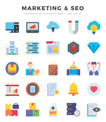 Marketing & Seo Flat icons collection. 25 icon set in a Flat design.