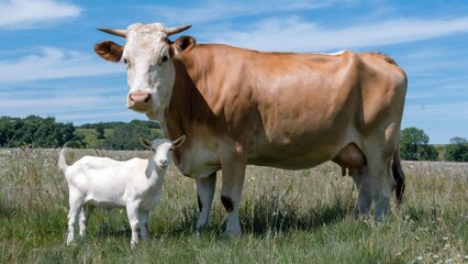 Cow and goat grazing together in pastoral summer field