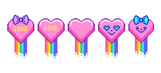 Set of hearts in pixel art style on white background.