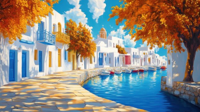 Charming Greek Village at Sunset in Autumn