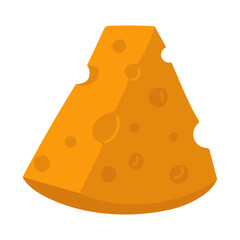a flat piece of triangular yellow porous cheese, lying nose up. A vector illustration depicting most of the dairy product. An isolated product on a white background. Color illustration on white