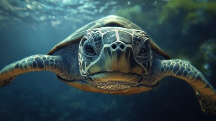 Obraz premium Close-up of a Sea Turtle Swimming Underwater