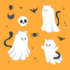 Set Halloween ghost cats cute doodle characters in costumes cute spooky decoration, line. Bat, stars, moon elements. Animal with black tail. 