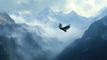 Fototapeta premium A solitary bird soars above a misty, snow-capped mountain range