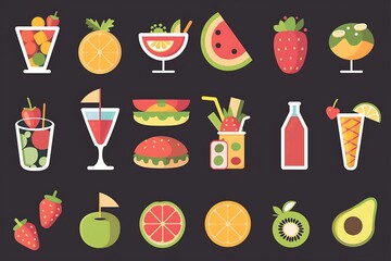 A vibrant collection of flat design culinary icons showcasing various food items. Food design concept