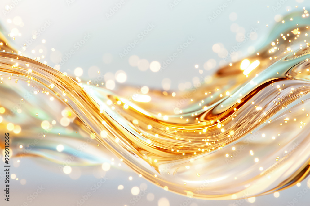 Poster a beautiful display of flowing golden waves intertwined with soft shimmering lights, creating a mesm