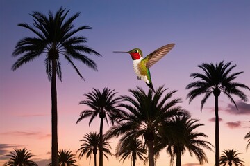 Hummingbird Flight Through Palm Trees at Twilight Celebrating Compassion and Spiritual Connection