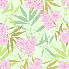 Seamless Pattern with bamboo and sakura. Color sketch style hand drawn background. Detailed illustration, hand drawn. Great for fabric and textile, prints, invitation, packaging
