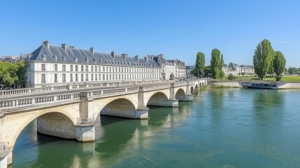 Naklejka premium Discovering French History Scenic View of Ornate Architecture on a River Bank in Sunny France