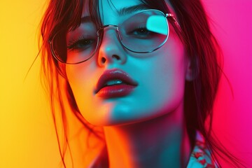 Stylish Woman in Glasses with Neon Lighting