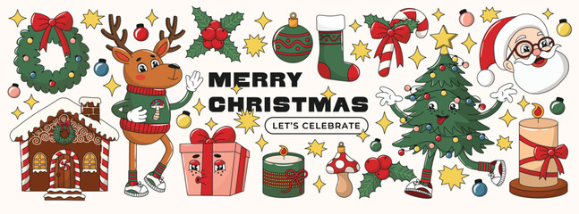 Christmas holiday decorative elements collection. Retro groovy winter items set. Garland, candy, candles, toys and wreath, holly branch, deer and tree character. Editable stroke.