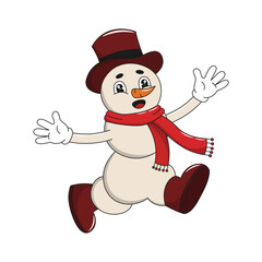 Jolly Christmas snowman with boots, scarf and cylinder. Retro groovy Christmas character or mascot, 70s 80s vibe. Vector illustration isolated on transparent background, editable stroke.