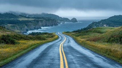 Winding coastal road with ocean views under a cloudy sky.