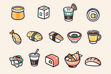 A vibrant collection of flat design culinary icons showcasing various food items. Food design concept
