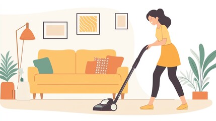 A woman vacuuming a cozy living room, showcasing a clean and modern home environment with stylish decor and furniture.