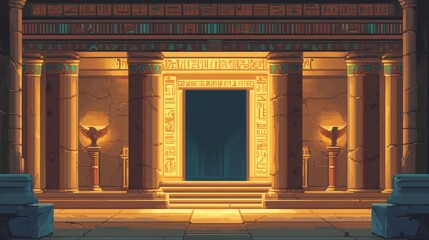 An Ancient Egyptian Temple Entrance with Pillars and Hieroglyphics