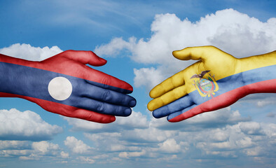 Ecuador and Laos country handshaking with flags, consensus concept international co-operation illustration