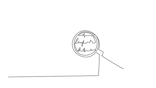 Animation of continuous one line drawing a sheet of paper highlighted by a magnifying glass. Spelling check of text. National Grammar Day. Single line self drawing animated. Full length motion