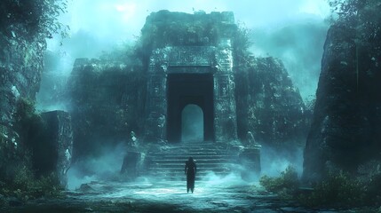 31. A fierce guardian standing at the entrance of a sacred site, ready for challengers