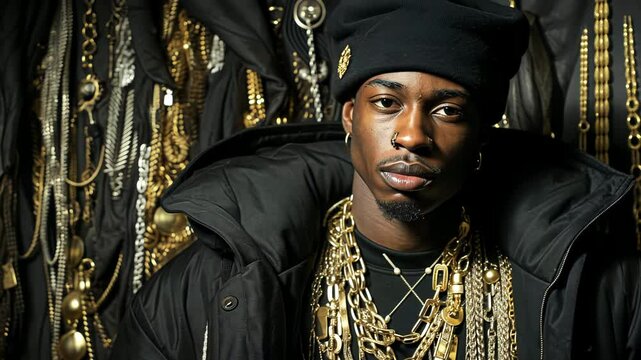 Portrait of African American man in black hat and gold chains against metallic background. Close-up of stylish male rapper with serious expression. Urban music artist in luxury fashion.