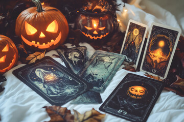 A cozy Halloween scene featuring illuminated jack-o'-lanterns, tarot cards, and autumn leaves, creating a mystical and festive atmosphere.
