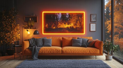 Modern Living Room Interior With Orange Accent Wall and Cozy Furnishings.