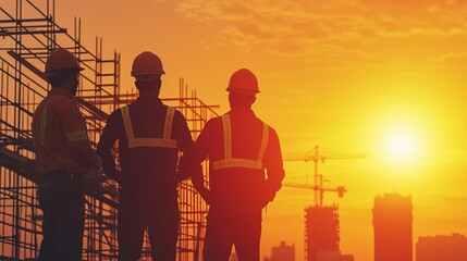 Naklejka premium Workers in helmets observe a construction site at sunset, highlighting teamwork and progress in a vibrant sky.