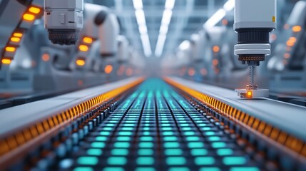 A futuristic factory floor lined with robotic arms assembling products on a vibrant, illuminated conveyor belt.