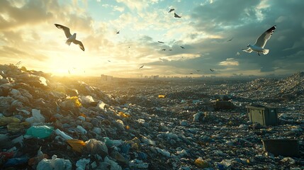 Obraz premium Enormous garbage heap with seagulls flying above, landfill in the distance, environmental sustainability issues