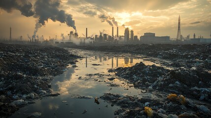 Obraz premium Industrial area surrounded by mounds of waste, factories in the background, pollution and industrial negligence