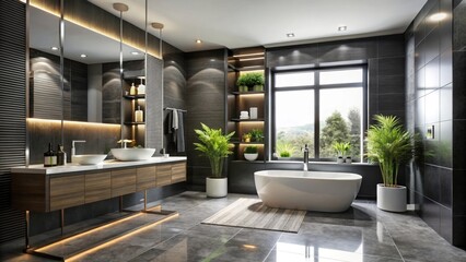 Fototapeta premium Interior of a modern bathroom featuring a bathtub and large windows overlooking a green landscape