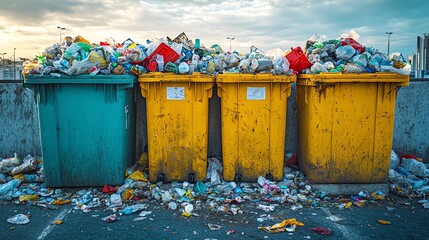 Overflowing trash bins with recyclable materials mixed in, highlighting improper waste sorting and pollution