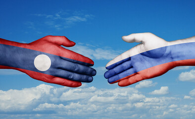 Russian Federation and Laos country handshaking with flags, consensus concept international co-operation illustration