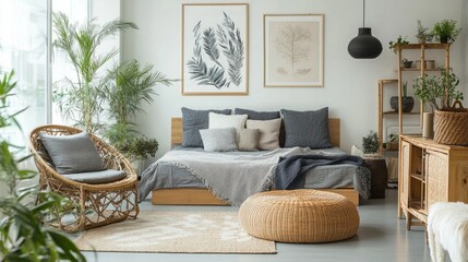 Bright studio apartment with a modern living space, featuring compact furniture, stylish decor, and natural accents.