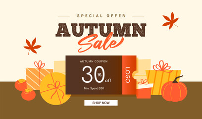 Autumn Sale Coupon 30% discount design vector illustration. Gift boxes in Autumn colors