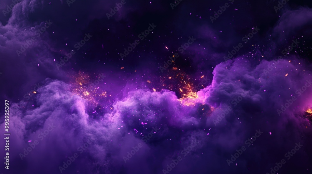 Wall mural a haunting purple smoke and spark effect with magic fire particles, set against dark clouds and fog,