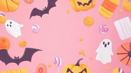 Fototapeta premium A pastel Halloween background with candy illustrations, bats, and ghosts, creating a fun and festive design with ample room for text.