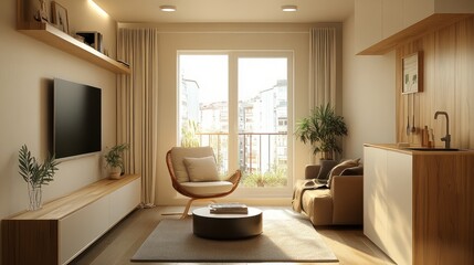 Fototapeta premium Compact and functional living space in a studio apartment, featuring a cozy chair, coffee table, and minimalist decor