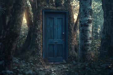 A mysterious blue door stands in a lush forest. The sunlight filters through trees creating an enchanting atmosphere. This piece evokes curiosity and wonder. Generative AI