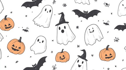A seamless pattern with adorable hand-drawn ghosts, pumpkins, bats, and witches' hats, radiating Halloween cheer in a fun, simple doodle style.