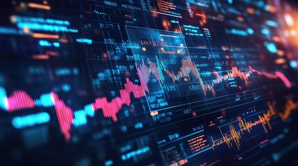 Fototapeta premium An illustration of a financial dashboard with rising investment charts, graphs, and economic indicators, representing growth and profit.