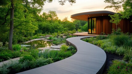 Fototapeta premium Japanese Garden Oasis with Winding Path and Wooden Pergolas