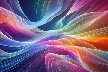 Obraz premium Abstract fluid waves, vibrant rainbow colors, smooth gradients, dynamic flowing lines, ethereal light effect, soft pastel hues, translucent layers, elegant curves, digital art, minimalist composition,