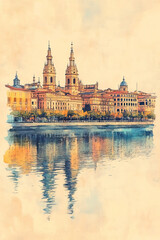 Obraz premium Zaragoza, Spain, color pen pencil hand-drawn effect drawing illustration for travel poster, card, wallpaper, backdrop or banner. Modern, clear, artistic and simple