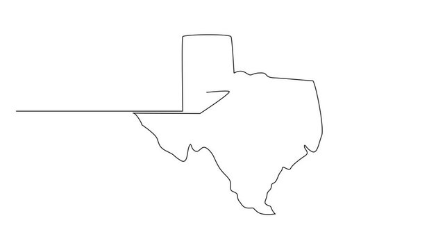 Self drawing animation of continuous line drawing map of Texas. Depiction of territorial extent of the state of Texas. Has nickname The Lone Star State. Texas Independence Day. Full length animated
